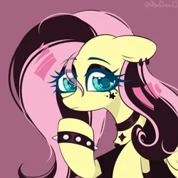 Size: 1920x1920 | Tagged: safe, artist:alyachan13, derpibooru import, fluttershy, pegasus, pony, choker, clothes, ear piercing, earring, emoshy, image, jewelry, piercing, png, purple background, simple background, solo, studded bracelet