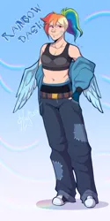 Size: 1184x2369 | Tagged: safe, artist:kutapikakun, derpibooru import, rainbow dash, human, pegasus, bandage, bare shoulders, belly button, clothes, denim, feathered wings, female, fingerless gloves, gloves, hand in pocket, humanized, image, jacket, jeans, looking at you, oversized clothes, pants, patch, png, ponytail, shoes, smiling, smiling at you, sneakers, solo, sports bra, winged humanization, wings