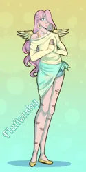 Size: 1184x2369 | Tagged: safe, artist:kutapikakun, derpibooru import, fluttershy, human, pegasus, bandage, clothes, denim, denim shorts, ear piercing, earring, eyelashes, feathered wings, female, flats, hair over one eye, hands together, humanized, image, jewelry, long hair, off shoulder, piercing, pink hair, png, shoes, shorts, small wings, solo, spread wings, sweater, winged humanization, wings