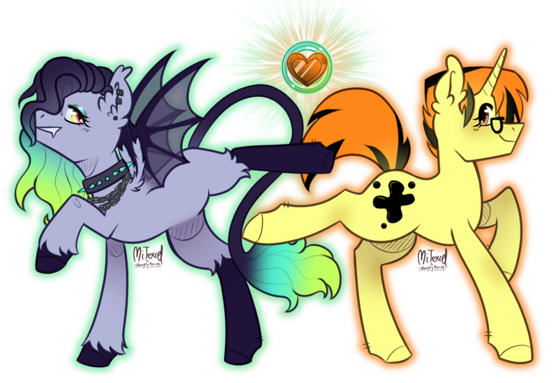 Size: 4288x2944 | Tagged: safe, artist:mitexcel, derpibooru import, oc, oc:cora magics, oc:merille artienda, bat pony, pony, unicorn, best friends, blank flank, brown eyes, choker, crystal, duo, ear piercing, earring, element of empathy, element of love, elements of compassion, fangs, female, glasses, image, jewelry, long mane, long tail, nonbinary, ombré, orange mane, orange tail, piercing, png, punk, queerplatonic, short mane, short tail, sidecut, tail, yellow coat