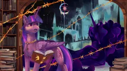 Size: 2560x1440 | Tagged: safe, artist:krapinkaius, derpibooru import, tantabus, twilight sparkle, twilight sparkle (alicorn), alicorn, pony, arch, barbed wire, book, book of harmony, bookhorse, bookshelf, castle, cutie mark, image, key, library, mare in the moon, melting, moon, png