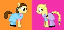 Size: 850x398 | Tagged: safe, artist:fantasygirls56, artist:goldilocksandthethreebears38, derpibooru import, edit, oc, oc:margot lamb, oc:stephanie lamb, ponified, earth pony, pony, braid, braided tail, clothes, cousin, cousins, dress, duo, duo female, female, g4, image, kids, mare, orange background, overalls, pink background, png, ponytails, shirt, shoes, simple background, tail, tights