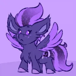 Size: 1000x1000 | Tagged: safe, artist:shad0w-galaxy, derpibooru import, oc, oc:shadow galaxy, unofficial characters only, pegasus, pony, :<, big ears, chest fluff, chibi, cute, ear fluff, ethereal mane, female, hooves, image, mare, pegasus oc, png, simple background, smol, solo, starry mane, starry tail, tail, unshorn fetlocks, wings