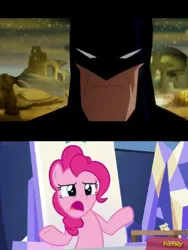 Size: 300x400 | Tagged: episode needed, safe, artist:batman714, derpibooru import, edit, edited screencap, screencap, pinkie pie, earth pony, human, pony, batman, dc comics, female, glare, image, jpeg, male, shrug, superhero