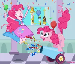 Size: 1000x850 | Tagged: safe, artist:gonicfanfic, derpibooru import, pinkie pie, earth pony, human, equestria girls, image, party cannon, pixel art, png, smiling