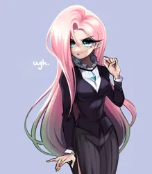 Size: 1791x2048 | Tagged: safe, artist:tsunqi, derpibooru import, fluttershy, human, blue background, clothes, dress, female, fluttergoth, humanized, image, jpeg, lidded eyes, simple background, solo, ugh