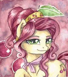 Size: 2187x2471 | Tagged: safe, artist:the-wizard-of-art, derpibooru import, cherry jubilee, earth pony, pony, female, high res, image, jpeg, lidded eyes, mare, raised hoof, smiling, solo, traditional art, watercolor painting