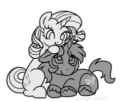 Size: 2336x1897 | Tagged: safe, artist:leopardsnaps, derpibooru import, rarity, oc, oc:crystal nightshine, pony, unicorn, cuddling, duo, female, horn, image, limited palette, male, petting, png, shipping, sketch, straight, transgender, transgender oc, unicorn oc, unshorn fetlocks