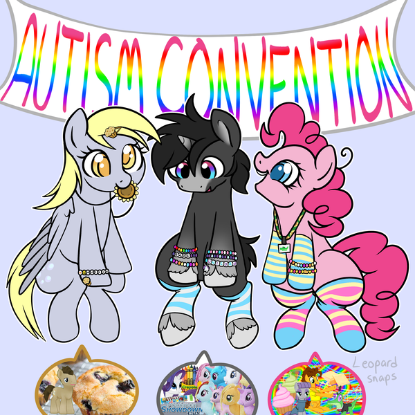 Size: 3000x3000 | Tagged: safe, artist:leopardsnaps, derpibooru import, derpy hooves, pinkie pie, oc, oc:crystal nightshine, earth pony, pegasus, pony, unicorn, accessory, arm warmers, autism, banner, blaze (coat marking), bracelet, chew toy, chewing, clothes, coat markings, convention, cross-eyed, eating, facial markings, flower, food, gay pride flag, gradient horn, gradient legs, hair accessory, hairpin, horn, image, implied cheese sandwich, implied doctor whooves, implied mane six, implied maud pie, implied starlight glimmer, implied trixie, jewelry, kandi, lanyard, looking down, male, mouthpiece, muffin, necklace, png, pride, pride flag, sitting, socks, speech bubble, stallion, stimming, striped socks, sunflower, talking, trans pride flag, transgender oc, trio, unicorn oc, unshorn fetlocks