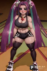 Size: 1120x1687 | Tagged: suggestive, ai content, artist:ainovice, derpibooru import, machine learning generated, aria blaze, human, equestria girls, rainbow rocks, abs, blushing, breasts, busty aria blaze, cleavage, clothes, female, human coloration, image, muscles, muscular female, png, shoes, shorts, sneakers, socks, sports bra, sports shorts, sweat, thigh highs, watermark