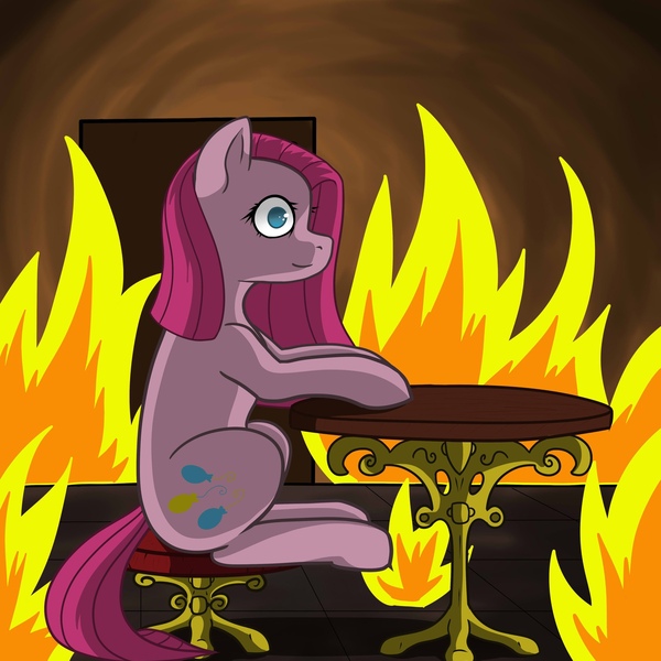 Size: 2160x2160 | Tagged: safe, artist:krotir, derpibooru import, pinkie pie, earth pony, pony, female, fire, image, jpeg, mare, sitting, solo, this is fine