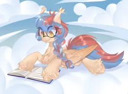 Size: 3800x2800 | Tagged: safe, artist:xvostik, derpibooru import, oc, oc:dracey, unofficial characters only, pegasus, pony, book, braid, chest fluff, cloud, colored wings, ear fluff, glasses, gradient wings, hoof fluff, image, lying down, pegasus oc, png, single fang, wings