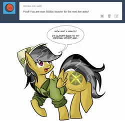 Size: 1280x1252 | Tagged: suggestive, artist:mad'n evil, derpibooru import, daring do, pegasus, pony, series:the adventures of chubby daring do, ask, butt, chubby, clothes, daring dollop, fat, female, helmet, image, jpeg, large butt, shirt, simple background, solo, solo female, speech bubble, tumblr, white background, word bubble