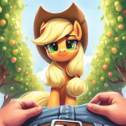 Size: 1024x1024 | Tagged: suggestive, ai content, derpibooru import, machine learning generated, applejack, earth pony, human, pony, apple, apple orchard, apple tree, belt, belt buckle, clothes, cowboy hat, duo, female, food, generator:dall-e 3, hand, hat, image, jpeg, looking at you, mare, offscreen character, offscreen human, orchard, outdoors, pants, pov, sky, smiling, smiling at you, solo focus, tree