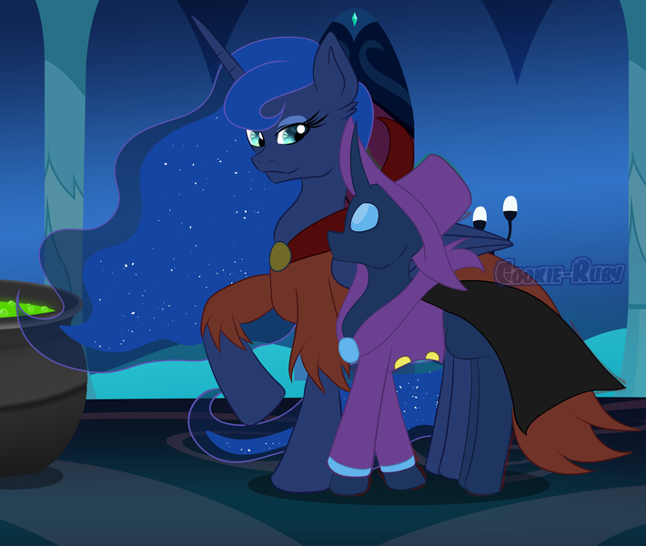 Size: 2631x2223 | Tagged: safe, artist:cookie-ruby, derpibooru import, mare do well, princess luna, oc, alternate universe, canon x oc, cookie-ruby, image, png