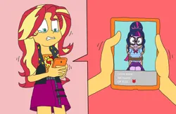 Size: 3613x2357 | Tagged: safe, artist:bugssonicx, derpibooru import, sci-twi, sunset shimmer, twilight sparkle, equestria girls, bondage, cleave gag, cloth gag, crying, gag, image, phone, png, scared, tied up, worried