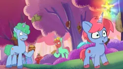 Size: 3072x1727 | Tagged: safe, derpibooru import, screencap, unnamed character, pony, unicorn, g5, my little pony: tell your tale, spoiler:g5, spoiler:my little pony: tell your tale, spoiler:tyts01e66, :o, colt, foal, friday night food fight, image, jpeg, magic, male, open mouth, stallion, telekinesis, trio