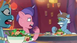 Size: 3072x1727 | Tagged: safe, derpibooru import, screencap, unnamed character, pony, unicorn, g5, my little pony: tell your tale, spoiler:g5, spoiler:my little pony: tell your tale, spoiler:tyts01e66, female, friday night food fight, frown, image, jpeg, male, mare, open mouth, stallion, subtitles, sweat, sweatdrop, trio