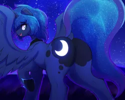 Size: 3999x3211 | Tagged: safe, artist:czu, derpibooru import, princess luna, alicorn, pony, bedroom eyes, butt, dock, ethereal mane, g4, image, looking back, male, moonbutt, night, nudity, open mouth, open smile, peytral, plot, png, prince artemis, rule 63, smiling, solo, solo male, spread wings, stallion, starry mane, starry night, tail, wings