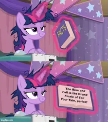 Size: 500x562 | Tagged: safe, derpibooru import, edit, edited screencap, screencap, twilight sparkle, twilight sparkle (alicorn), alicorn, g5, my little pony: tell your tale, spoiler:g5, spoiler:my little pony: tell your tale, spoiler:tyts01e67, book, fact, finale, image, jpeg, magic, messy mane, photo, solo, telekinesis, the rise and fall