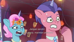 Size: 3072x1727 | Tagged: safe, derpibooru import, screencap, unnamed character, pony, unicorn, g5, my little pony: tell your tale, spoiler:g5, spoiler:my little pony: tell your tale, spoiler:tyts01e66, duo, duo male and female, eyebrows, female, friday night food fight, frown, image, jpeg, male, mare, open mouth, raised eyebrow, stallion, subtitles, sweat, sweatdrop