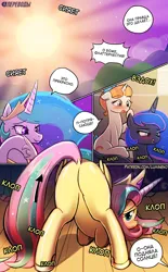 Size: 1500x2422 | Tagged: suggestive, artist:lumineko, derpibooru import, edit, fluttershy, princess celestia, princess luna, rainbow stars, pegasus, pony, unicorn, series:dreamluna(rus), horse play, ahegao, bedroom eyes, blushing, blushing profusely, bow, butt, clopping, clothes, comic, cosplay, costume, crying, dialogue, exhibitionism, eyes on the prize, eyes rolling back, face down ass up, fake horn, featureless crotch, female, female focus, flutterbutt, gasp, hair bow, image, implied masturbation, implied public masturbation, laughing, licking, licking lips, looking at you, looking back, looking back at you, mare, nudity, open mouth, plot, png, praise the sun, raised tail, reacting to nudity, royal sisters, sex noises, shylestia, siblings, sisters, smiling, solo focus, speech bubble, spread legs, spread wings, spreading, tail, tail aside, tears of joy, tears of laughter, tears of pleasure, that was fast, tongue out, translation, wingboner, wings