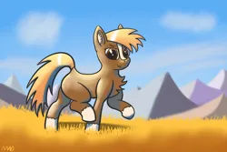 Size: 3072x2048 | Tagged: safe, artist:maonyman, derpibooru import, ponified, ponified:sgt. reckless, earth pony, horse, pony, background, chest fluff, cloud, coat markings, derpibooru exclusive, dock, ear fluff, facial markings, grass, happy, highlights, image, lighting, looking at you, mountain, mountain range, png, raised hoof, raised hooves, raised tail, shading, shadow, smiling, socks (coat marking), solo, tail, trotting