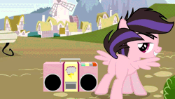 Size: 960x540 | Tagged: suggestive, artist:jakeneutron, ponerpics import, ponybooru import, oc, unofficial characters only, pegasus, pony, animated, bedroom eyes, butt, butt shake, dancing, female, filly, foal, gif, grin, image, it's very grown up, listening to music, looking at you, loop, perfect loop, radio, show accurate, smiling, smiling at you, spread wings, tail wag, wings