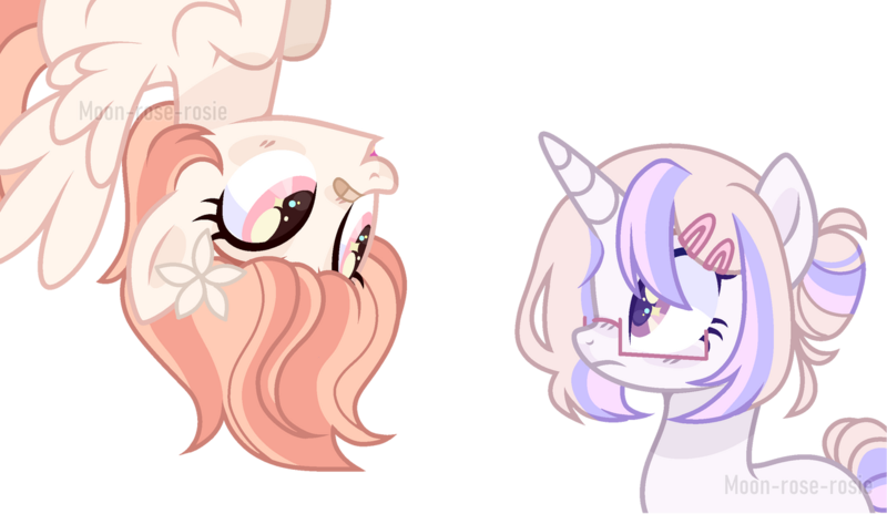 Size: 1280x742 | Tagged: safe, artist:moon-rose-rosie, derpibooru import, oc, oc:lisa, oc:magnolia, unofficial characters only, pegasus, pony, unicorn, female, glasses, image, mare, png, simple background, transparent background, upside down