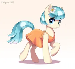 Size: 2152x1964 | Tagged: safe, artist:vinilyart, derpibooru import, coco pommel, earth pony, pony, clothes, dress, female, flower, flower in hair, image, mare, png, side view, simple background, solo, white background