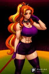 Size: 880x1327 | Tagged: suggestive, ai content, artist:ainovice, derpibooru import, machine learning generated, adagio dazzle, equestria girls, rainbow rocks, abs, acardio dazzle, breasts, busty adagio dazzle, cleavage, clothes, female, fingerless gloves, gloves, image, muscles, muscular female, png, shorts, sports bra, sports shorts, sweat
