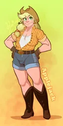 Size: 1184x2369 | Tagged: safe, artist:kutapikakun, derpibooru import, applejack, human, alternate hairstyle, applejack's hat, boots, clothes, cowboy boots, cowboy hat, cute, ear piercing, earring, female, flannel, freckles, gloves, hat, humanized, image, jackabetes, jewelry, muscles, piercing, png, shoes, shorts, solo, straw in mouth, tanktop