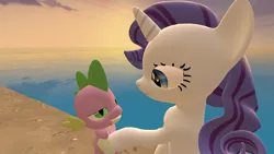 Size: 1280x720 | Tagged: safe, artist:cakesarelies, derpibooru import, rarity, spike, dragon, pony, unicorn, 3d, female, gmod, holding hoof, image, jpeg, lidded eyes, looking at each other, looking at someone, male, mare, marriage proposal, ocean, shipping, smiling, smiling at each other, source filmmaker, sparity, straight, water