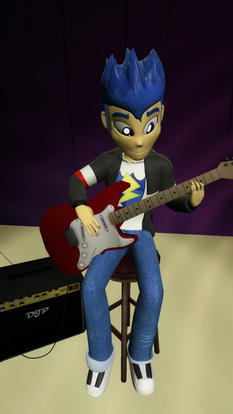 Size: 1080x1920 | Tagged: safe, artist:oatmeal!, derpibooru import, flash sentry, human, equestria girls, 3d, amplifier, canterlot high, gmod, guitar, image, looking down, music, musical instrument, performance, png, sitting, solo, spotlight, stage
