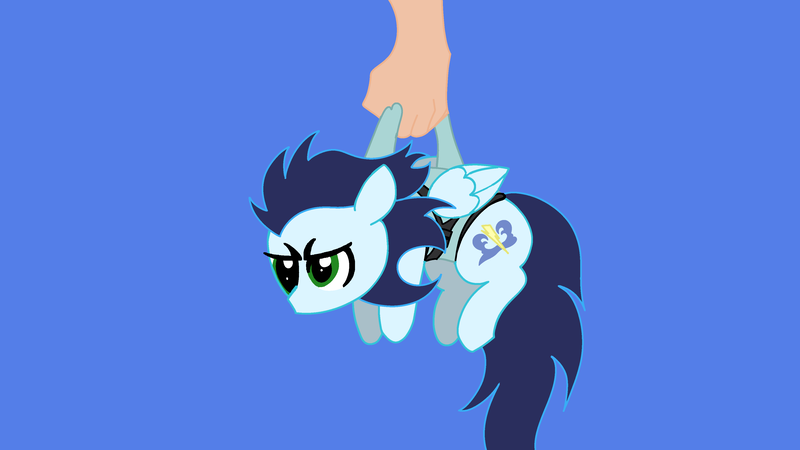 Size: 3840x2160 | Tagged: safe, artist:duran301, derpibooru import, soarin', series:pack a pony, blue background, carrying, hand, image, png, simple background, solo