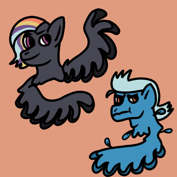 Size: 800x800 | Tagged: safe, artist:dexterousdecarius, derpibooru import, oc, oc:cloud buster, oc:thunder blaze, pegasus, annoyed, brother and sister, colored wings, description at source, feather, female, image, jpeg, male, multicolored hair, offspring, orange background, parent:rainbow dash, parent:thunderlane, parents:thunderdash, pegasus oc, siblings, simple background, two toned wings, wings