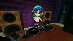 Size: 1920x1080 | Tagged: safe, artist:oatmeal!, derpibooru import, vinyl scratch, human, equestria girls, 3d, accessory swap, amplifier, bare shoulders, breasts, canterlot high, cleavage, computer, gmod, headphones, image, laptop computer, looking at you, music, performance, png, record player, solo, spotlight, stage, standing, sunglasses