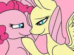 Size: 1516x1142 | Tagged: safe, artist:jadeharmony, derpibooru import, fluttershy, pinkie pie, earth pony, pegasus, pony, big smile, duo, female, hoof under chin, image, lesbian, lidded eyes, looking at each other, looking at someone, mare, pink background, png, ship:flutterpie, shipping, simple background, smiling, smiling at each other, spread wings, wings