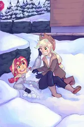 Size: 1800x2700 | Tagged: safe, artist:abbytabbys, derpibooru import, applejack, sunset shimmer, fanfic:looking glass, series:who we become, equestria girls, commission, full background, image, png, snow, snowball, snowball fight, stop sign, tree, younger