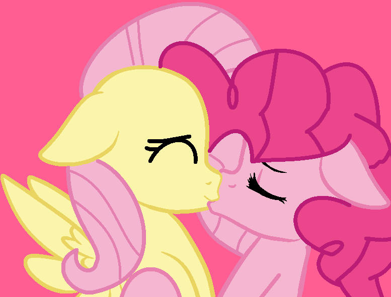 Size: 777x591 | Tagged: safe, artist:jadeharmony, derpibooru import, fluttershy, pinkie pie, earth pony, pegasus, pony, cute, cuteness overload, daaaaaaaaaaaw, duo, eyes closed, female, floppy ears, image, jpeg, kissing, lesbian, pink background, ship:flutterpie, shipping, shyabetes, simple background, spread wings, wings