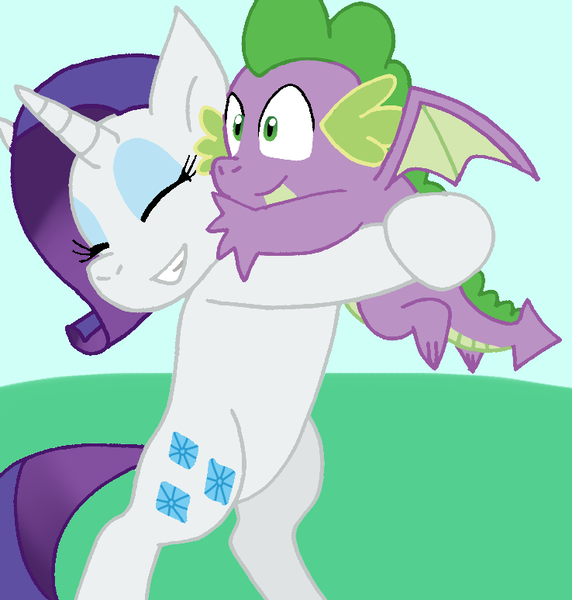 Size: 738x774 | Tagged: safe, artist:cmara, derpibooru import, rarity, spike, dragon, pony, unicorn, cute, daaaaaaaaaaaw, eyes closed, eyeshadow, female, grin, hug, image, lifting, makeup, male, mare, png, raribetes, shipping, smiling, sparity, spikabetes, straight, winged spike, wings