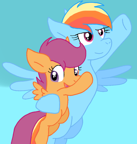 Size: 783x819 | Tagged: safe, artist:cmara, derpibooru import, rainbow dash, scootaloo, pegasus, pony, duo, female, filly, flying, foal, holding on, image, mare, open mouth, open smile, png, scootalove, siblings, sisters, sky, smiling, spread wings, wings