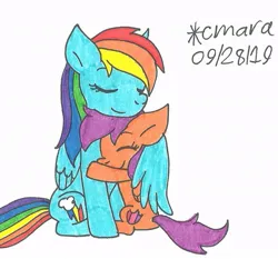 Size: 876x816 | Tagged: safe, artist:cmara, derpibooru import, rainbow dash, scootaloo, pegasus, pony, ^^, cute, cutealoo, daaaaaaaaaaaw, dashabetes, duo, eyes closed, female, filly, foal, hug, image, jpeg, mare, scootalove, siblings, sisters, sitting, smiling, winghug, wings