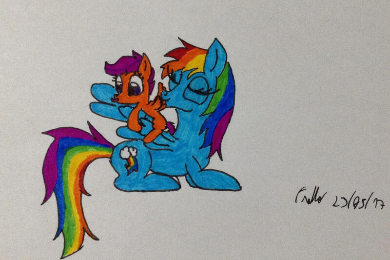 Size: 1024x682 | Tagged: safe, artist:frollo7797, derpibooru import, rainbow dash, scootaloo, pegasus, pony, ^^, cute, cutealoo, daaaaaaaaaaaw, dashabetes, duo, eyes closed, female, filly, foal, grooming, image, jpeg, mare, preening, scootalove, siblings, sisters, spread wings, wings