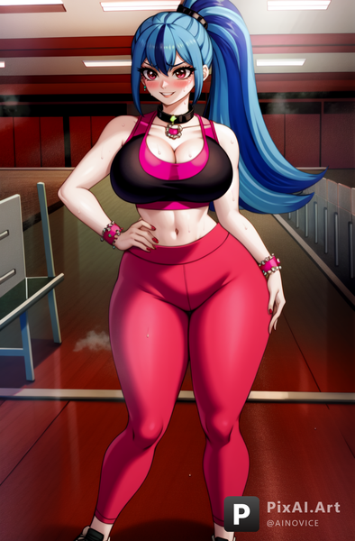 Size: 872x1327 | Tagged: suggestive, ai content, artist:ainovice, derpibooru import, machine learning generated, sonata dusk, human, equestria girls, rainbow rocks, big breasts, blushing, bracelet, breasts, busty sonata dusk, cleavage, clothes, female, hand on hip, human coloration, image, jewelry, pants, png, solo, solo female, sports bra, yoga pants