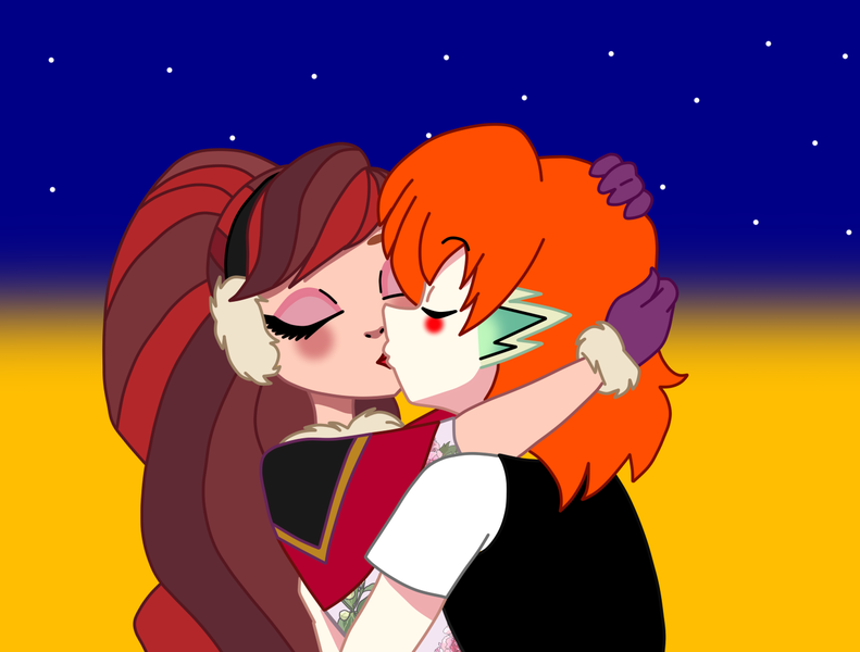 Size: 1367x1037 | Tagged: safe, derpibooru import, spike, human, blushing, crossover, crossover shipping, ever after high, hug, human spike, humanized, image, kissing, missing accessory, no glasses, orange hair, png, rosabella beauty, ship:rospike, shipping
