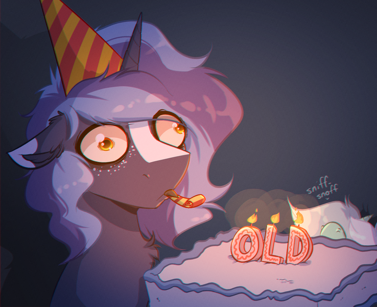 Size: 2804x2280 | Tagged: safe, artist:witchtaunter, derpibooru import, lyra heartstrings, oc, oc:witching hour, pony, unicorn, birthday, cake, candle, faic, food, hat, image, male, party hat, party horn, png, sniffing, stallion