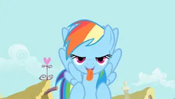 Size: 1920x1080 | Tagged: safe, derpibooru import, screencap, rainbow dash, pegasus, pony, a bird in the hoof, season 1, bedroom eyes, derp, faic, flying, g4, image, invisible stallion, jpeg, licking, lidded eyes, looking at you, open mouth, open smile, raised hoof, smiling, smiling at you, solo, tongue out