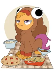 Size: 3508x4633 | Tagged: safe, artist:honeydew_stars, derpibooru import, scootaloo, pegasus, pony, blanket, clothes, costume, cute, cutealoo, food, gravy, grumpy, holiday, image, pie, png, scootachicken, scootaloo is not amused, scootaturkey, solo, thanksgiving, turkey costume, unamused