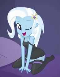 Size: 1489x1920 | Tagged: suggestive, artist:grapefruit-face, derpibooru import, trixie, equestria girls, bedroom, black dress, clothes, derpibooru exclusive, dress, happy, image, kneeling, looking at you, one eye closed, open mouth, pillow, png, smiling, socks, solo, thigh highs, wink